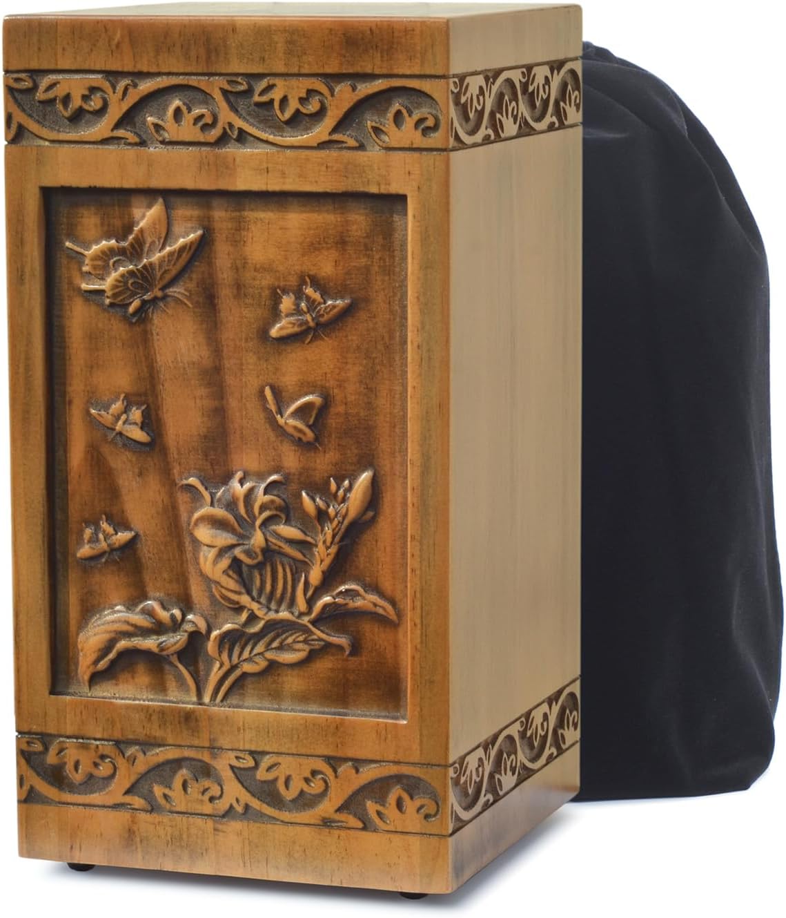 Handmade Wooden Engraved Urn for Human Ashes Adult Male Female Satin Bag Cremation urns Box (Butterfly(250lbs))