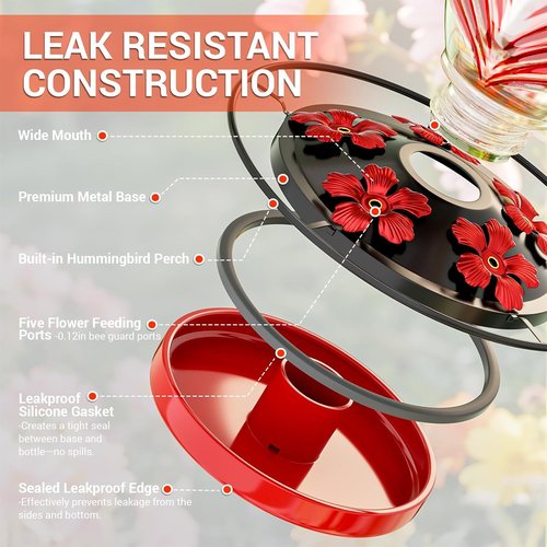 Hummingbird Feeder - 24oz Glass Nectar Feeder with Perch & 5 Flower Ports | Leakproof Outdoor Decor