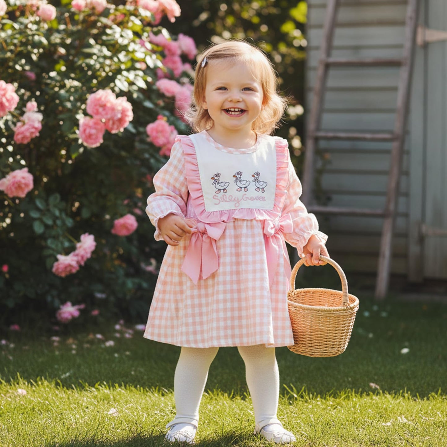 Toddler Baby Girl Fall Outfits Silly Goose Smocked Dress Long Sleeve Birthday Girl Dress Cute Smash Cake Clothes (Goose Letter Embroidery Pink, 12-18 Months)