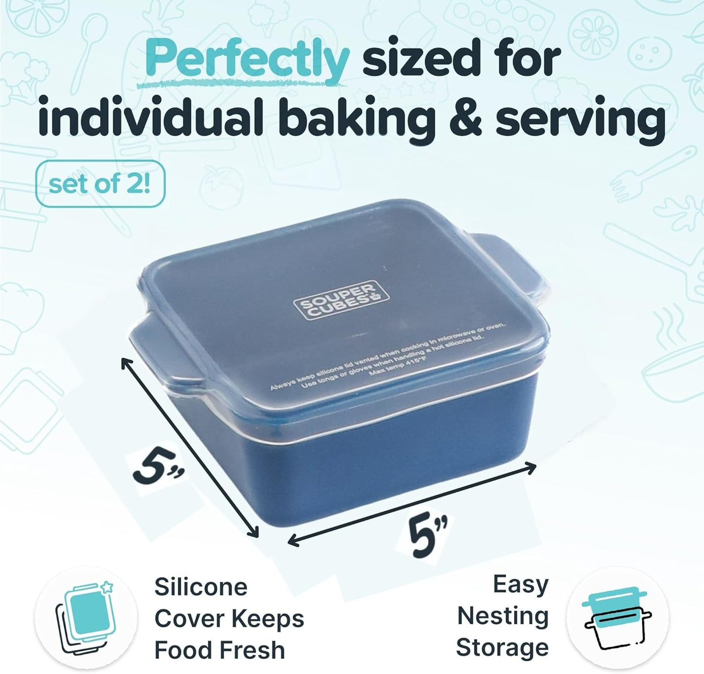 Souper Cubes Stoneware | Premium 5" x 5" Mini Baking Dishes with Silicone Covers - Set of 2, Blueberry