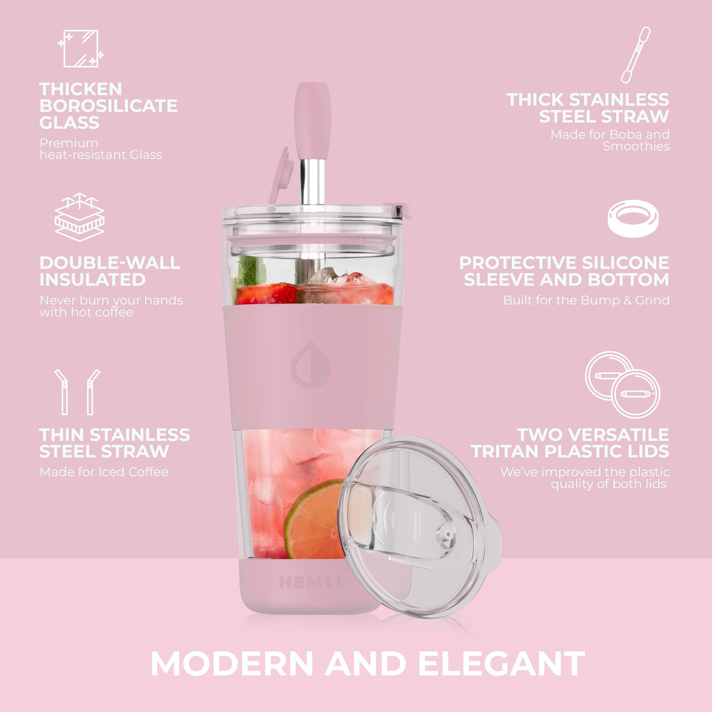 Hemli 19 oz. Double Wall Glass Coffee Tumbler, To Go Travel Mug with Lid, Portable Glass Thermos with Straw, Reusable Cup, Tea, Smoothies, Ice Coffee, and Boba