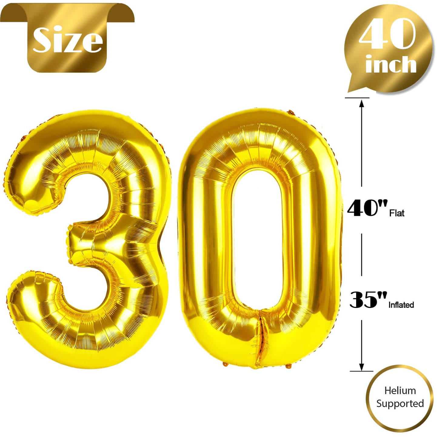 Gold Number 30 Balloon 40 inch, 30 Number Balloons, 30th Gold Birthday Decorations, 30 Year Old Women Men Golden Party Supplies
