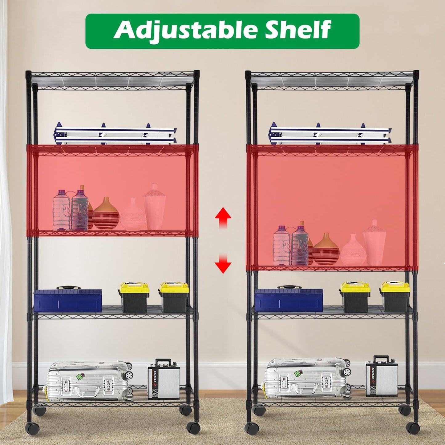 PayLessHere 5-Tier Wire Shelf with Wheels - Adjustable Heavy-Duty Storage Rack | Black | 14"x30"x60" | Rust-Resistant, Easy No-Tool Assembly