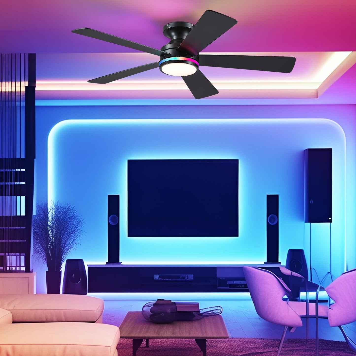BYKISTOK 46In RGB Ceiling Fans with Lights - Black Flush Mount Ceiling Fan Light with Remote/APP, RGB+3CCT 6 Wind Speeds, Modern Low Profile Fan Light Fixture for Party, Kid's Room