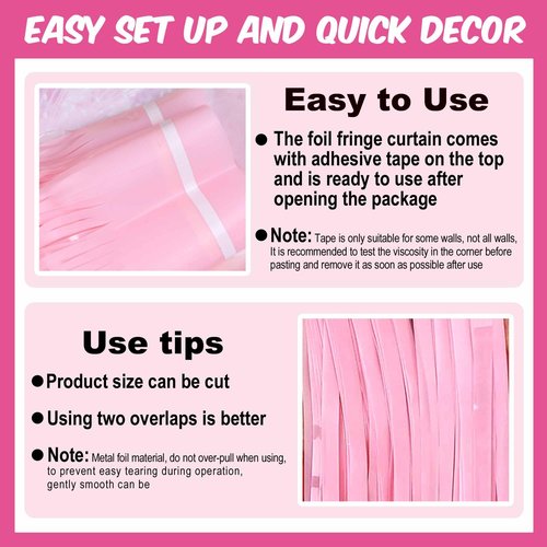 3 Pack Macaron Pink Foil Fringe Curtains Backdrop, 3.28 x 8.2 Ft Metallic Streamers Tinsel Curtains Background for Photo Booth, Birthday, Christmas, Halloween, New Year Party Decorations