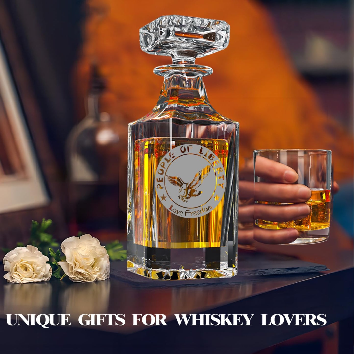 Whiskey Decanter Sets for Men,25 oz Whisky Decanter with 2 Glasses Laser Etched Love Freedom for Liquor Bourbon,Christmas Birthday Anniversary Wedding Whiskey Gifts for Men Dad Fathers' Day