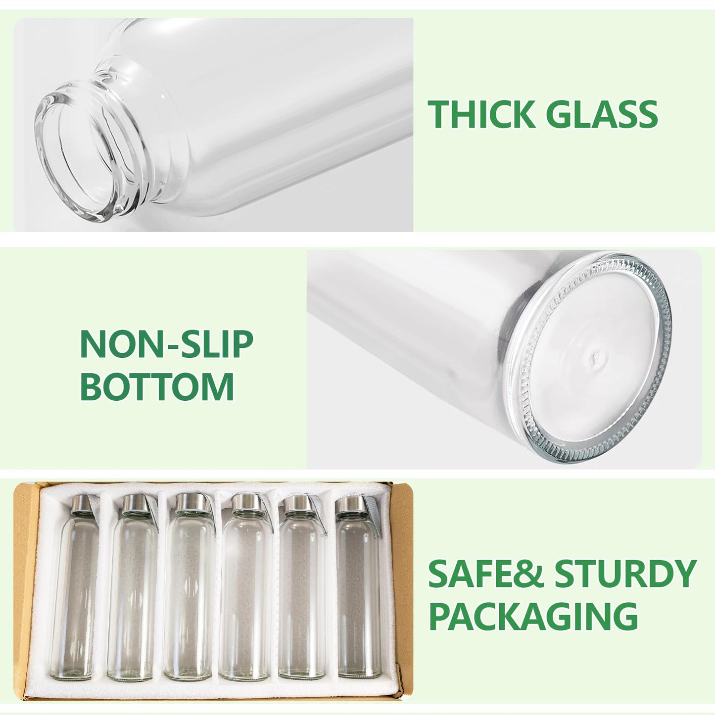 UPBUD 12 Pack 18oz Glass Bottles with Lids Carry Strap for Juicing, Reusable Clear Glass Water Bottle with Stainless Steel Airtight Cap for Refrigerator, 100% Leak Proof, BPA Free Drinking Jar