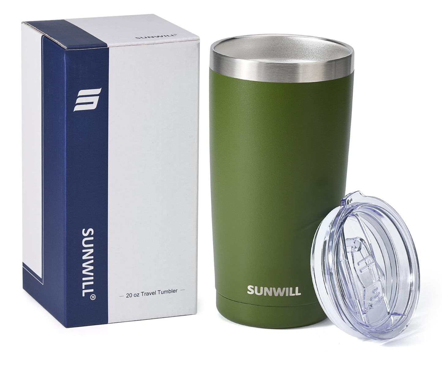SUNWILL Travel Coffee Tumbler 20 oz, Insulated Mug with Lid, Stainless Steel Cup for Outdoor, Powder Coated Olive
