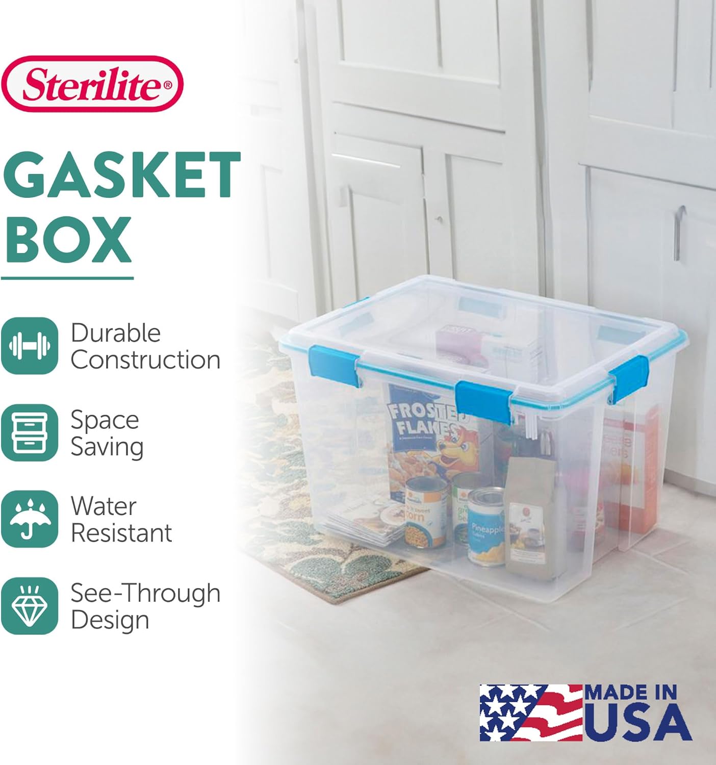 Sterilite 4-Pack Gasket Box | Weather-Resistant 80 Quart Storage Bins with Latching Lids - Heavy-Duty Organizers for Home and Office