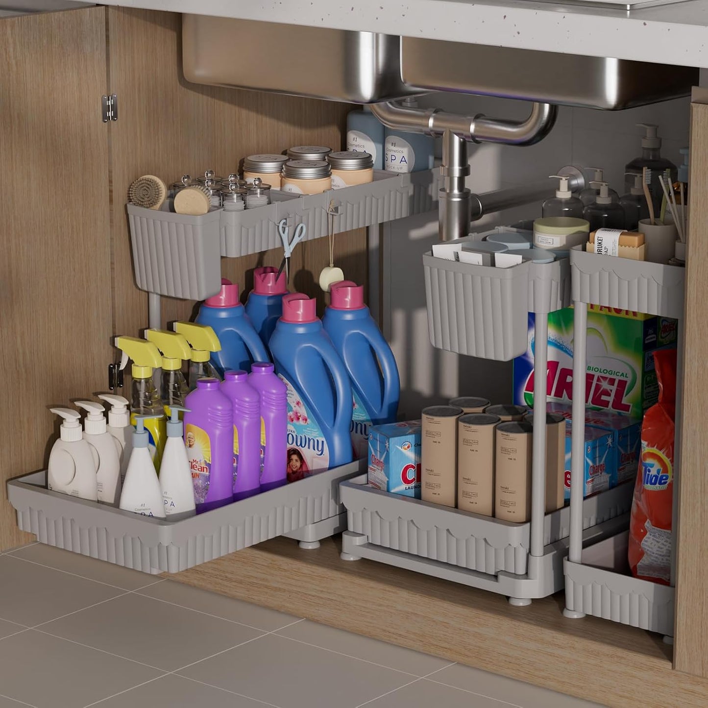 Sevenblue Multi-Purpose Under Sink Organizers - 3 Pack L-Shaped Cabinet Storage (Grey, 14.85 Inch)