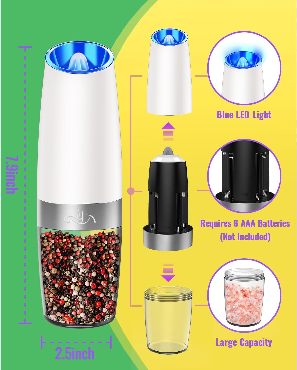 Rongyuxuan Electric Pepper and Salt Mill Set - Automatic Grinder with Blue LED Light, Adjustable Coarseness