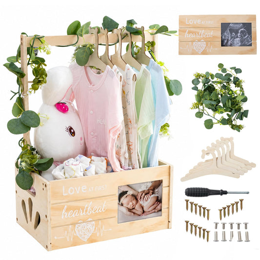 LLMQ Baby Gift Basket with Adjustable Handle, Thickened Wooden Baby Shower Crate Closet, Baby Shower Clothes Rack Storage Box, Larger Capacity Diaper Caddy Organizer (No Wreath)