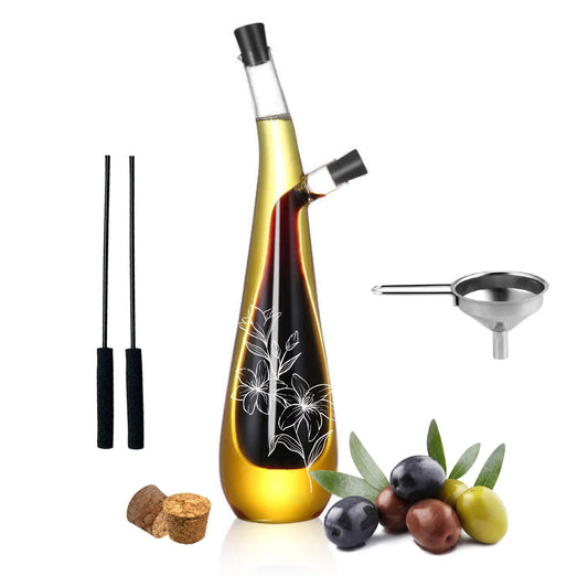 wishamotherwould 2 in 1 Glass Olive Oil Dispenser Bottle - Beautiful & Elegant Floral Etched Design - Premium Glass Salad Dressing Bottle - Olive Oil and Vinegar Dispenser Set - 12 oz