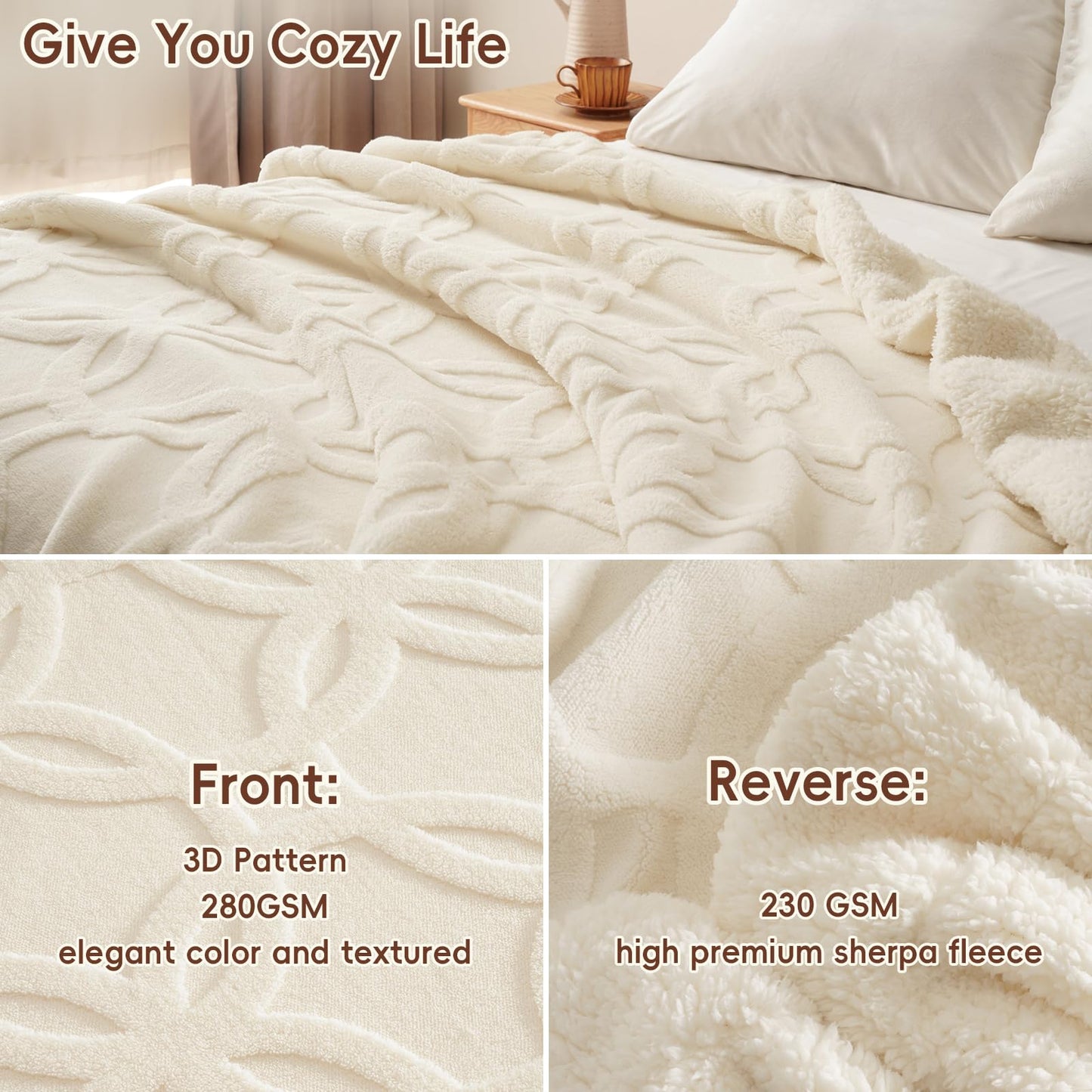 PHF Soft Sherpa Fleece Blanket King Size for Bed, 510GSM Fleece Lightweight Yet Warm Blanket, No Shed No Pilling, 108" x 90", Tufted Jacquard Cozy Thick Bed Throw for Home Decor, Cream