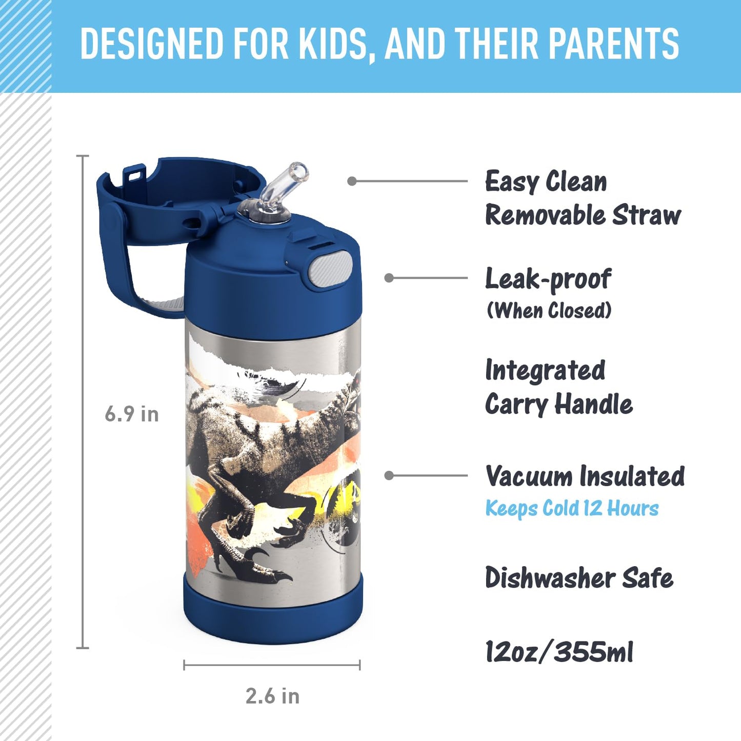 THERMOS FUNTAINER 12 Ounce Stainless Steel Vacuum Insulated Kids Straw Bottle, Jurassic World: Dominion