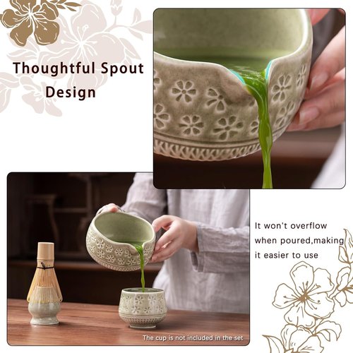 Buucup Matcha Whisk Set - Complete 7-Piece Ceramic Kit with Bowl, Whisk, Scoop & More | Mottled Green