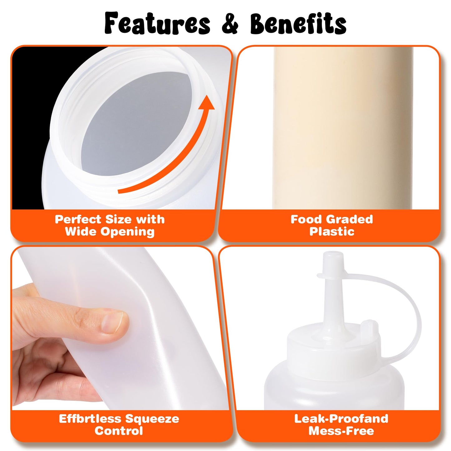 Rainspire 2-Pack 16oz Upgraded Thickened Durable Leak-Proof Condiment Squeeze Bottles for Sauces/Oil/Arts and Crafts, Dishwasher Safe, White