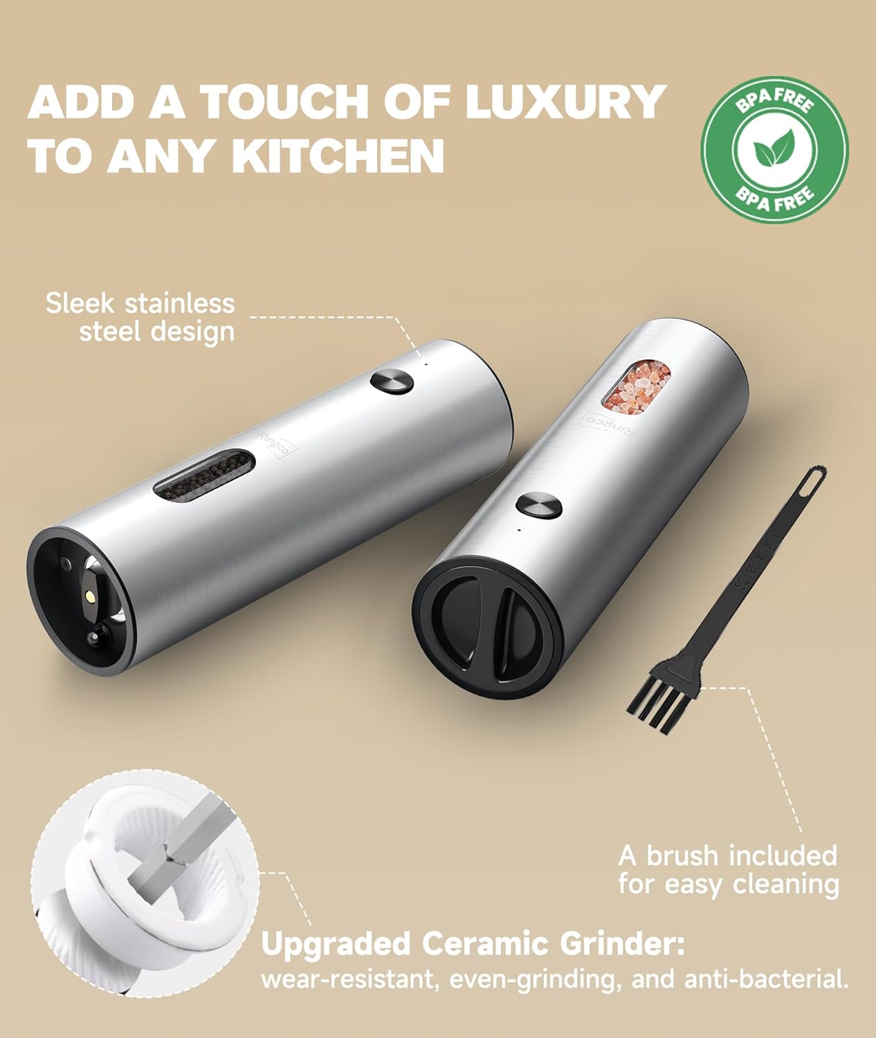 Ringco Electric Salt and Pepper Grinder Set - Rechargeable Mill with Adjustable Coarseness & LED Light | 110ml Capacity for Kitchen & Outdoor Use