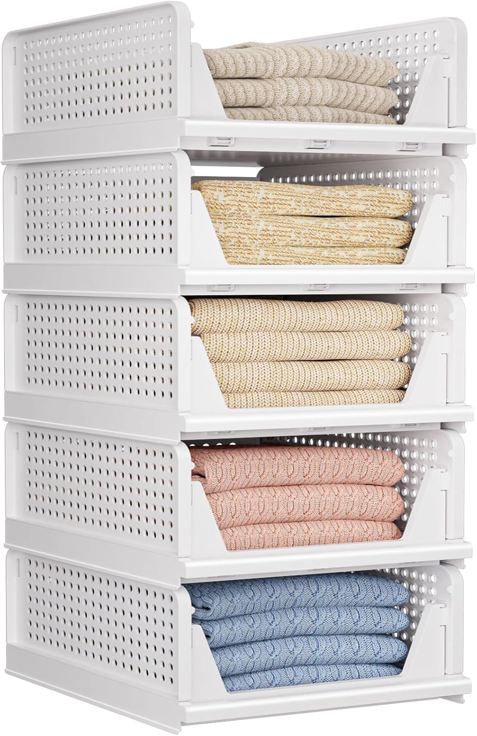 Skiennix 5 Pack Folding Closet Organizers - Stackable Plastic Storage Bins for Home & Office | White 5L