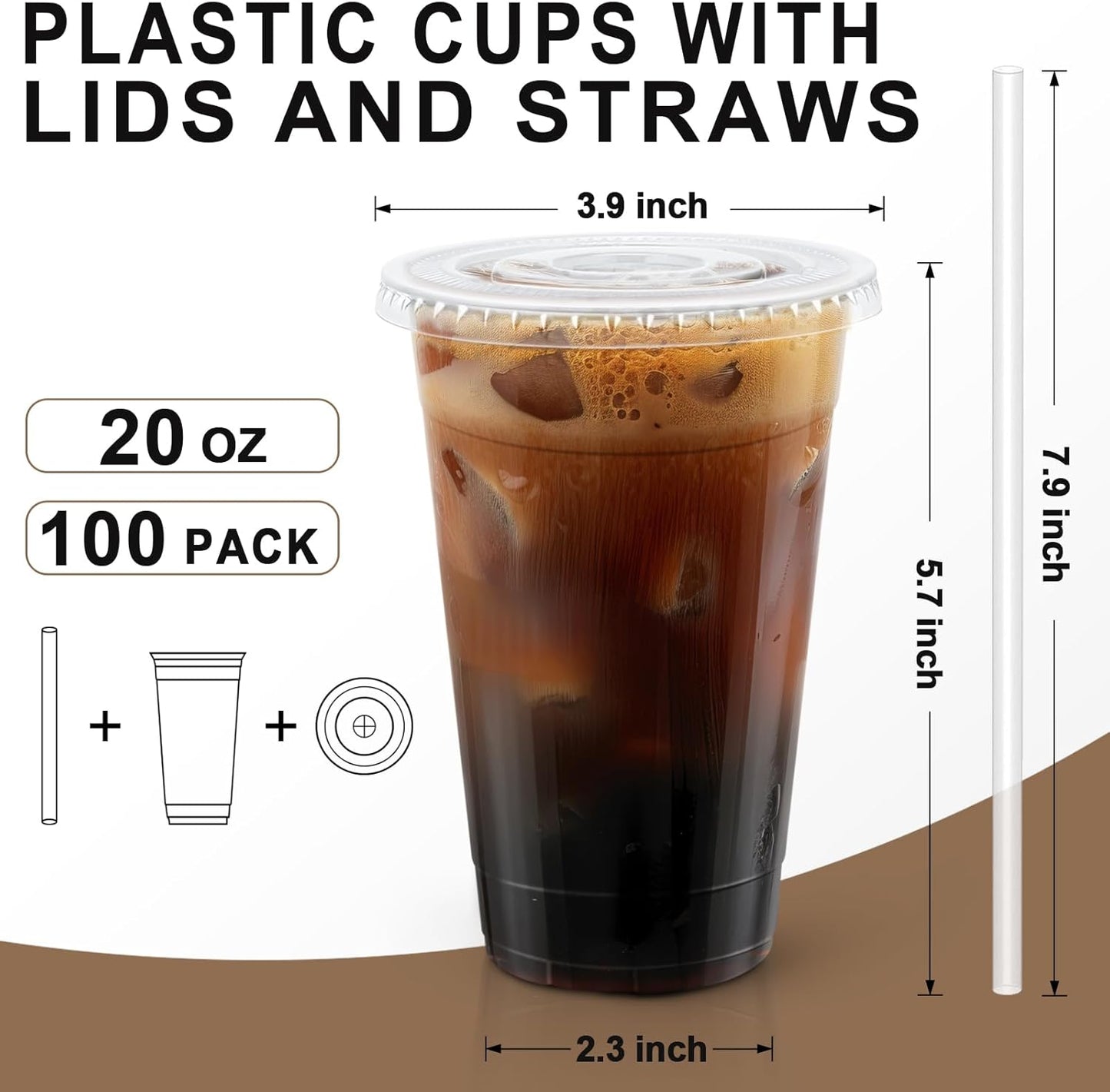 Lamosi 100 Pack 20 oz Clear Plastic Cups - Disposable Iced Coffee Cups with Lids & Straws for Cold Drinks