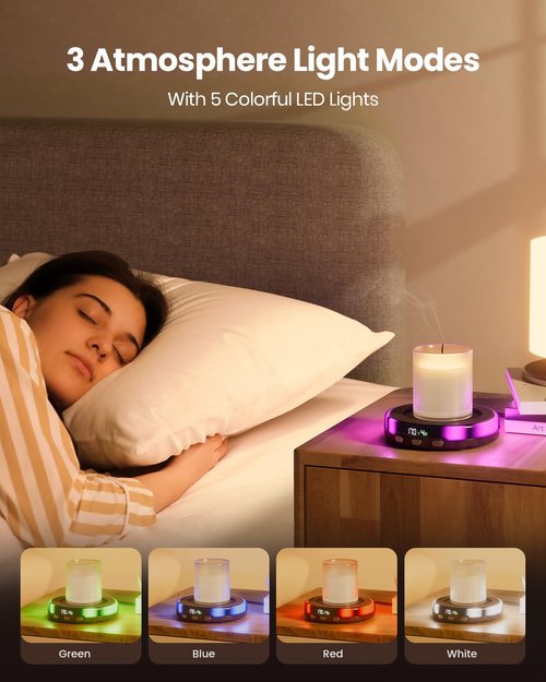 Gaiatop Coffee Mug Warmer for Desk, 3 Temp Settings, 2-9Hrs Timer, 3 Colorful Romantic Atmosphere Light Modes, Stocking Stuffers, Beverage Heating Plate with Digital Display for Candle Tea Milk Wood
