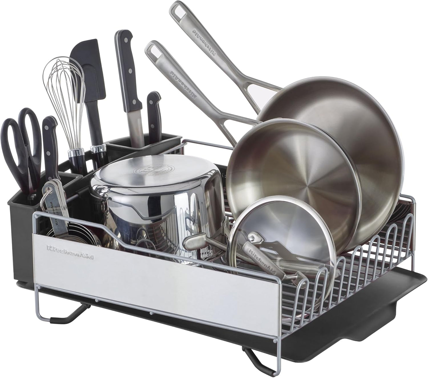 KitchenAid Large Capacity Dish Rack - Rust Resistant with Angled Drain Board & Removable Caddy | Light Grey