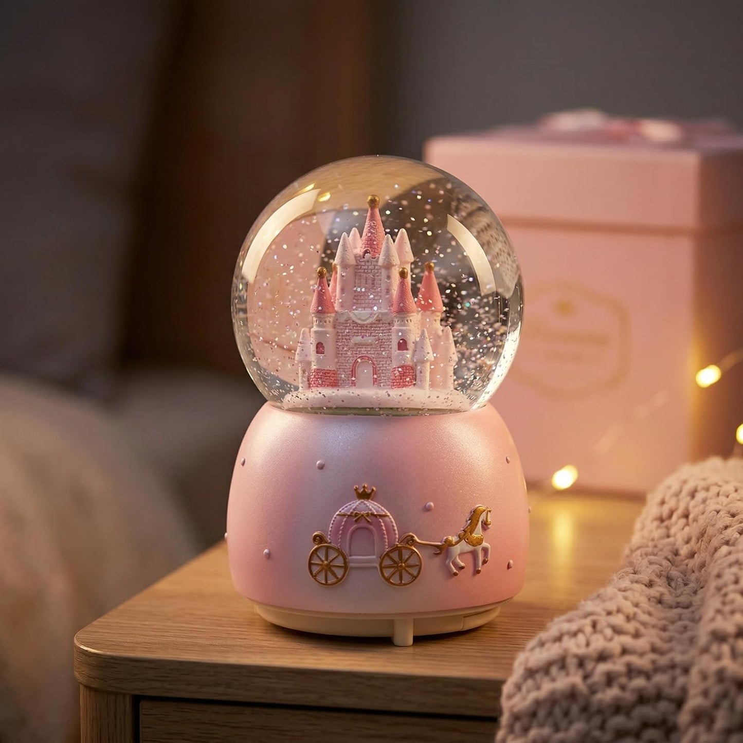 Skiennix Music Box - Crystal Carousel Rotating Unicorn Snow Globe with Colorful LED Light | Castle Pink