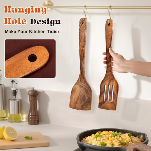 Acacia Wooden Spatula Set - 2Pcs Solid & Slotted Turner with Long Handle | Ideal Kitchen Gift for Moms