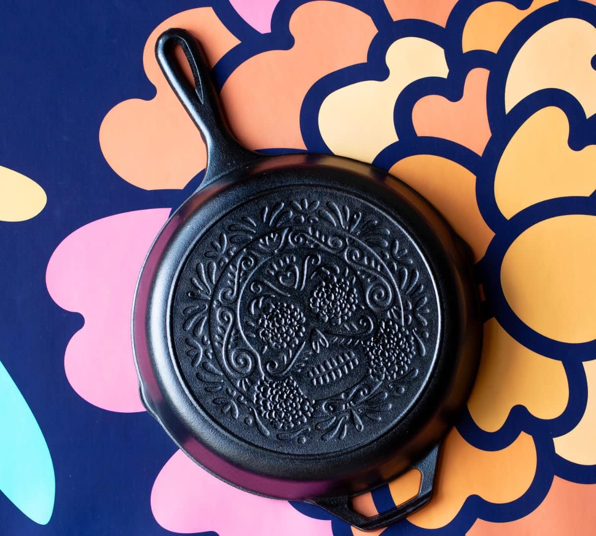 Lodge 10.25 Inch Pre-Seasoned Cast Iron Skillet - Versatile Use on Stove, Grill, or Campfire - Sugar Skull Design