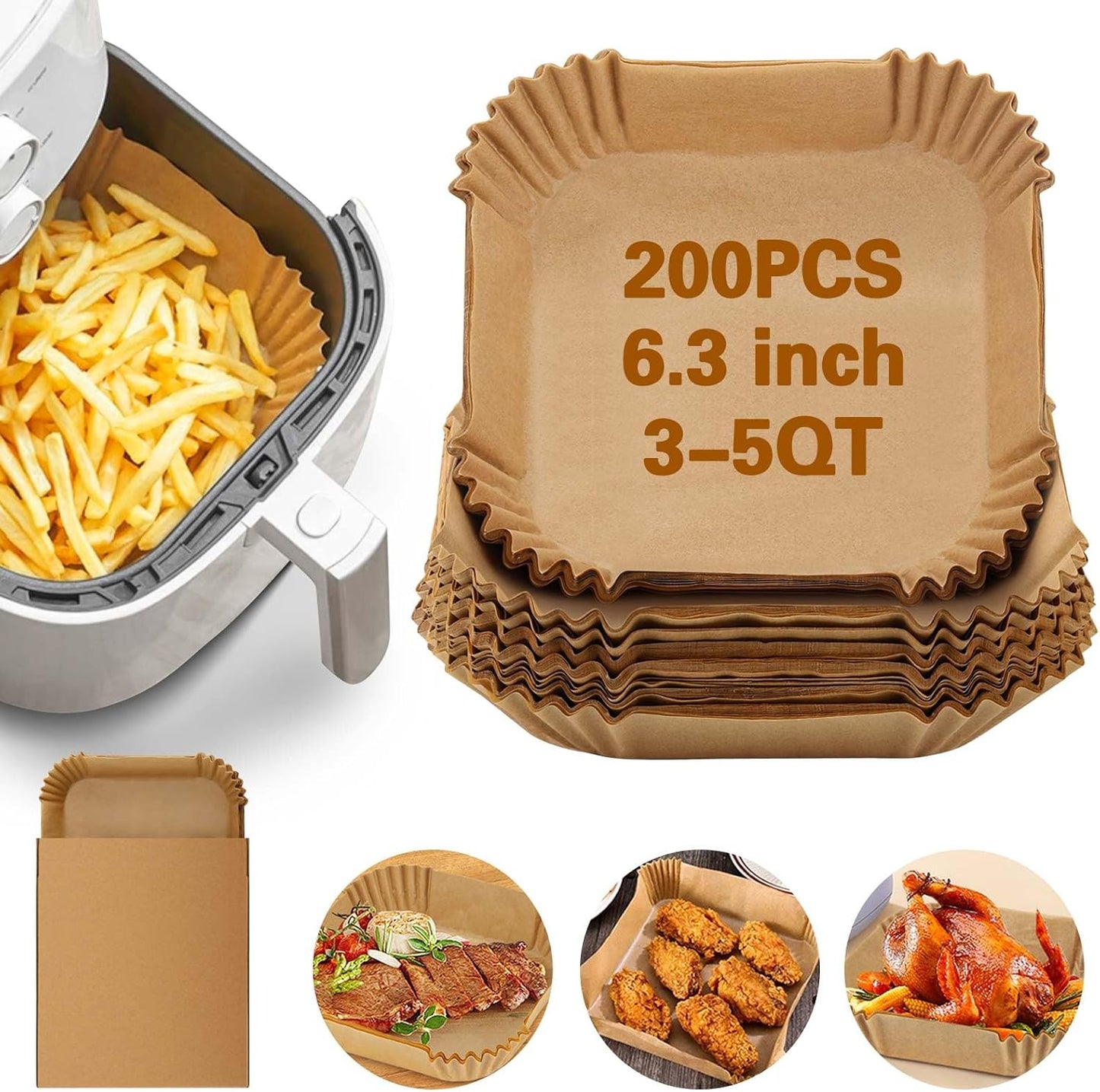 Skiennix Air Fryer Paper Liners - 200 Pcs Non-Stick Parchment for Frying & Baking | 6.3 Inch Square