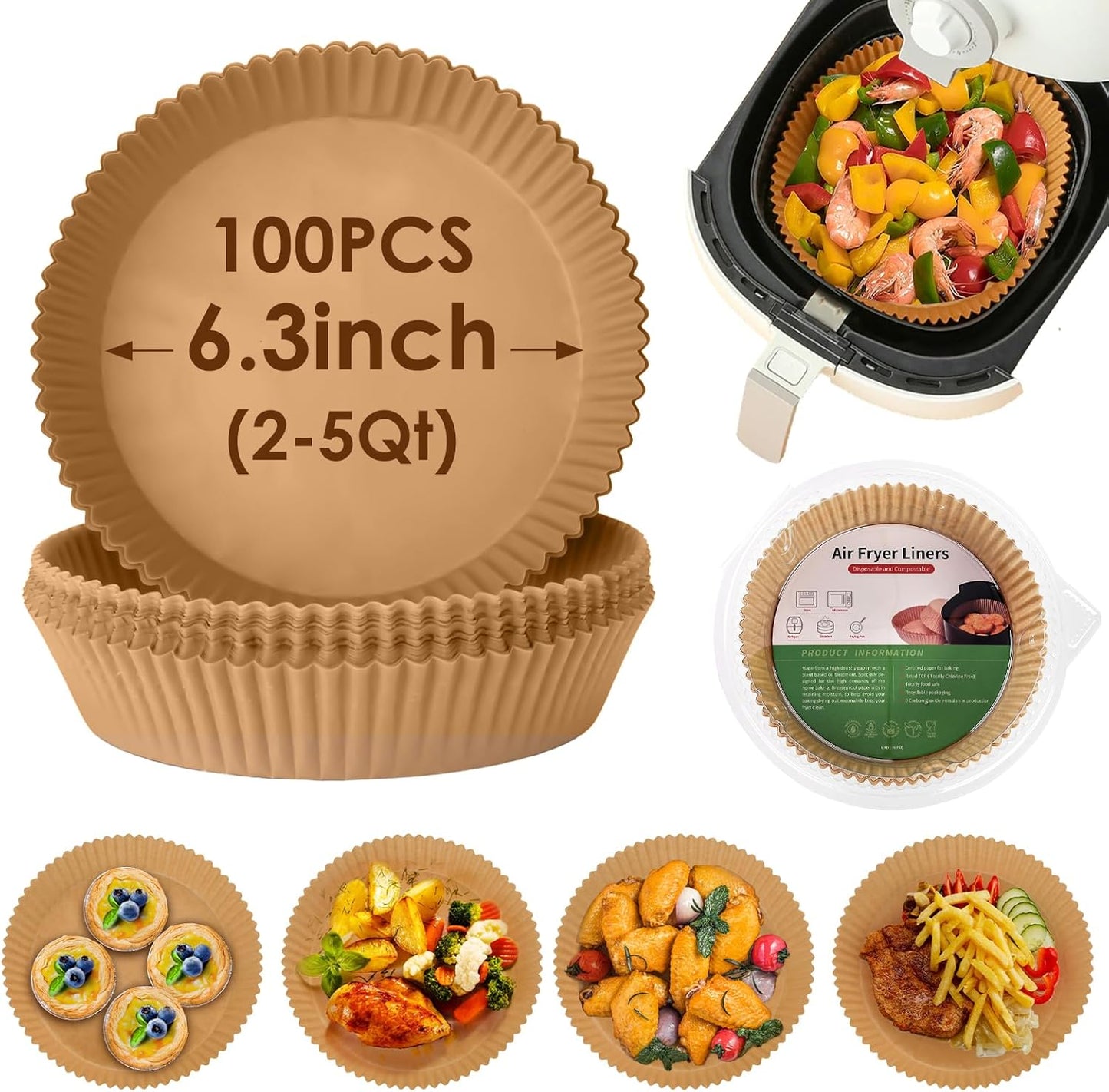 Skiennix Air Fryer Disposable Paper Liners - Non-Stick Grease Proof Parchment, 6.3 Inch, 100 Pcs
