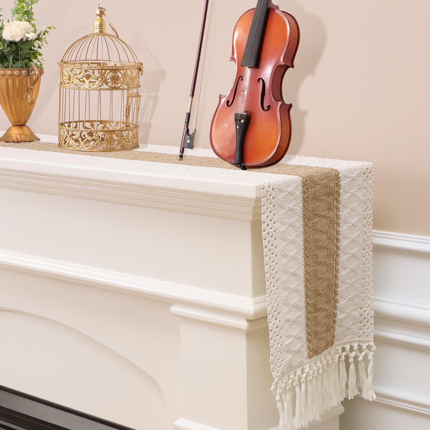 OTOSTAR Boho Table Runner with Tassels 60 Inches Long Farmhouse Rustic Table Runner Macrame Burlap Table Decoration for Home Decor Living Room Bridal Shower, Single Striped (12x60 Inches)