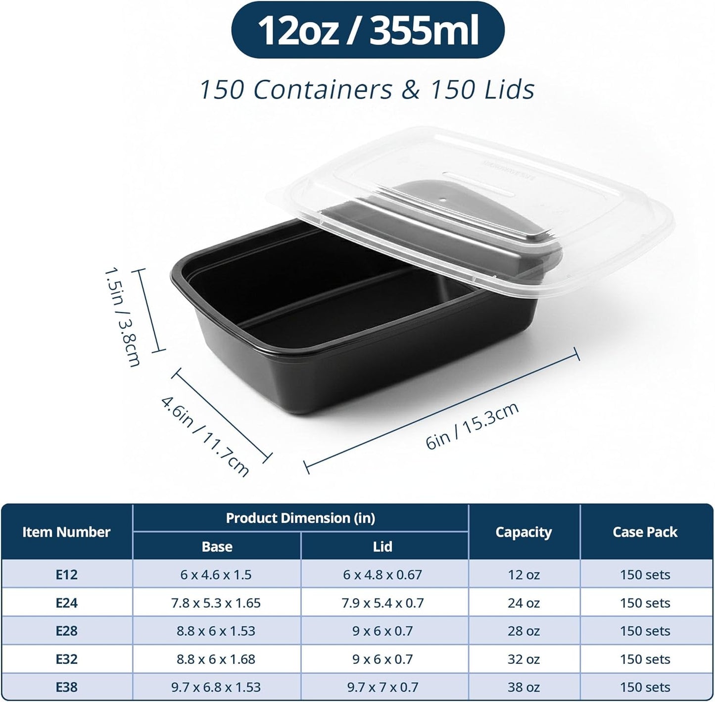 Tiya Meal Prep Containers - 150 Pack 12 oz BPA-Free, Leak-Proof, Microwave & Dishwasher Safe Storage Boxes