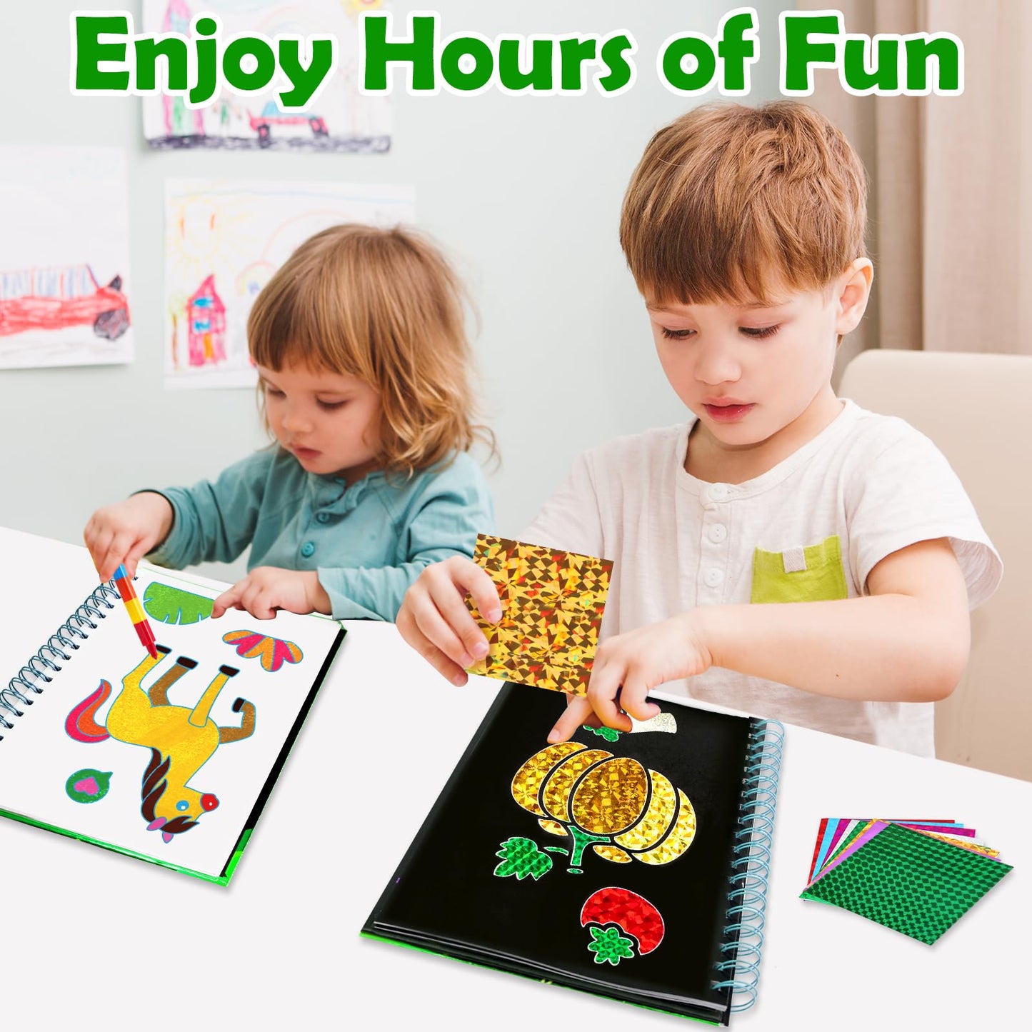 FUNNYB&G Foil Art Craft Kit for Girls 4-10 Years Old: Mess-Free & No-Glue, Create 16 Sparkly Farm Pictures – Perfect Travel Toy & Birthday Gift for Kids（Farm