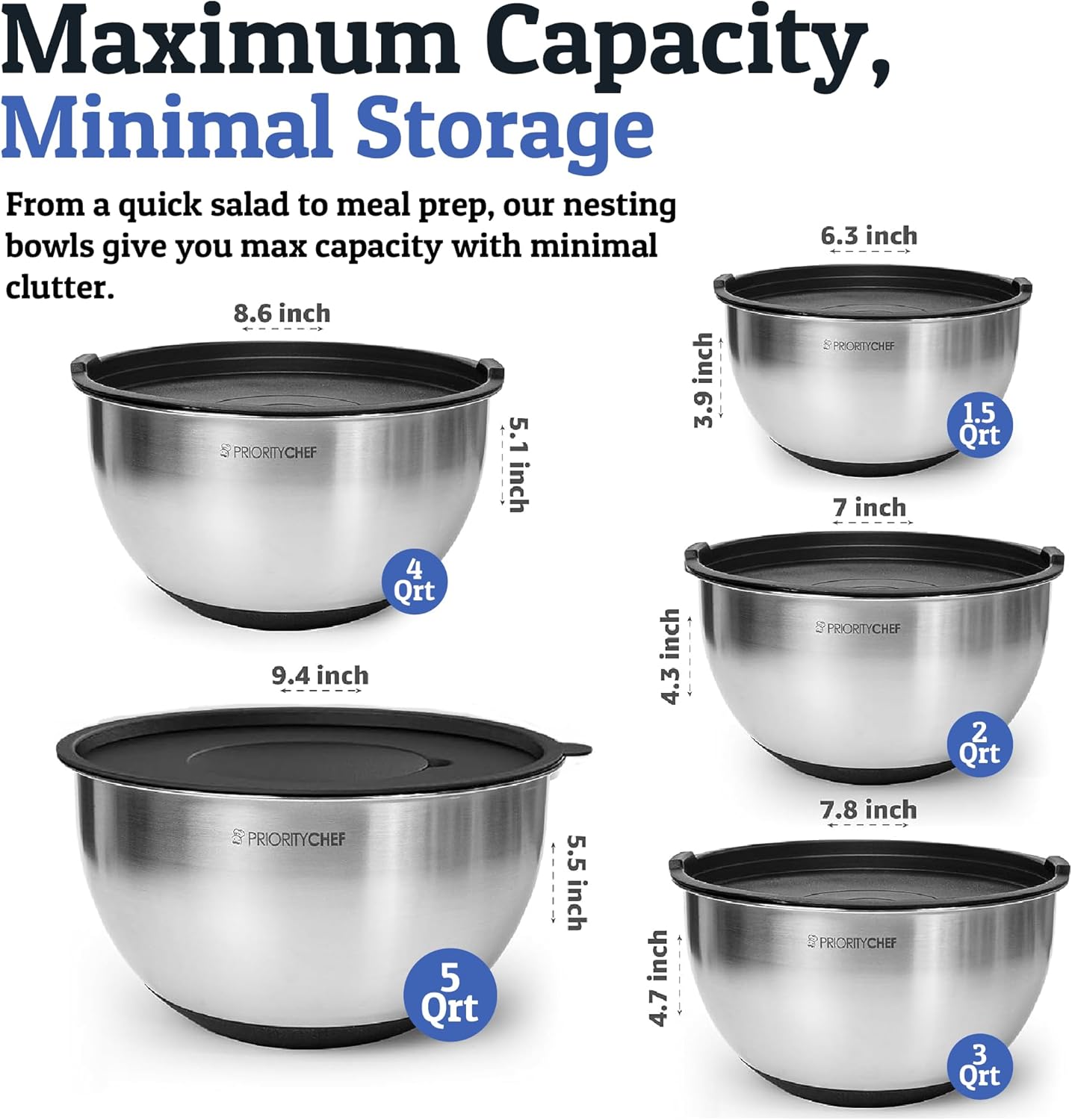 Priority Chef Stainless Steel Mixing Bowls Set - Airtight Lids, Non-Slip Base & Utensil Set | Black
