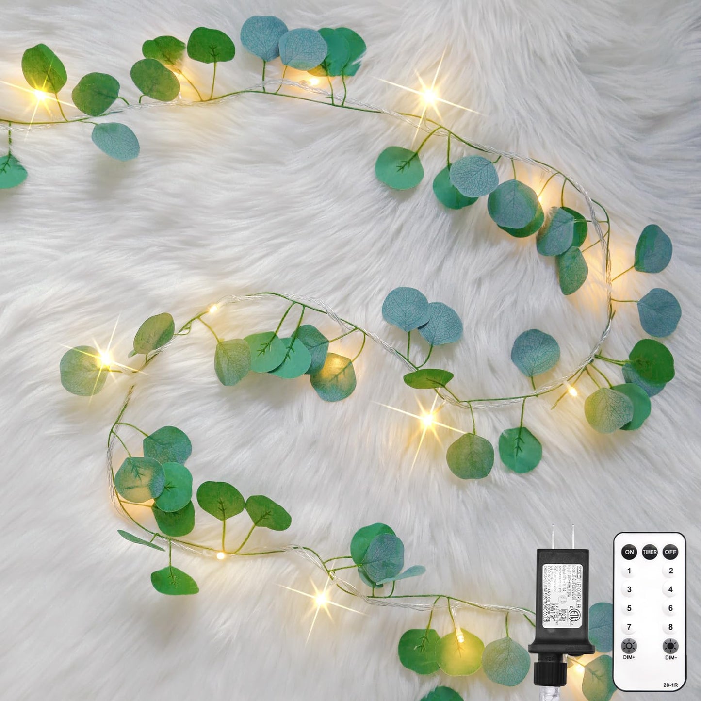 suddus Vines with Lights Plug in, 33ft 100 LED Eucalyptus Garland String Light Connectable with Remote, Leaf Lights for Bedroom, Room, Wall, Garden, Party, Wedding Dorm Decor (Warm White)