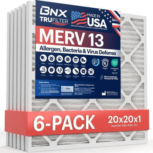 BNX TruFilter MERV 13 20x20x1 Air Filters (6-Pack) - Electrostatic Pleated HVAC Filters for Allergies & Smoke