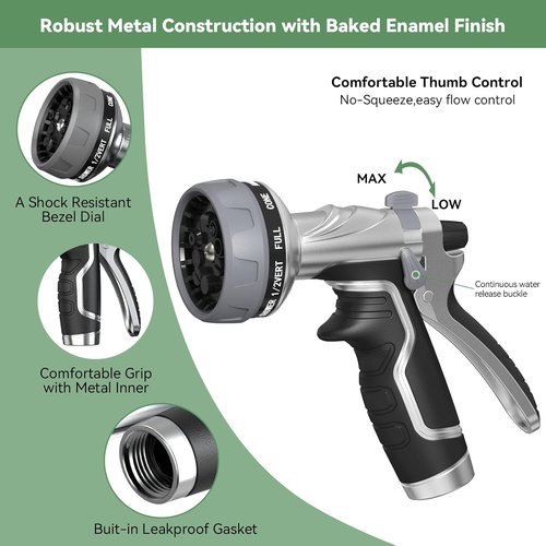 **Heavy Duty Metal Garden Hose Nozzle - 8 Adjustable Spray Patterns | High Pressure Hand Sprayer**