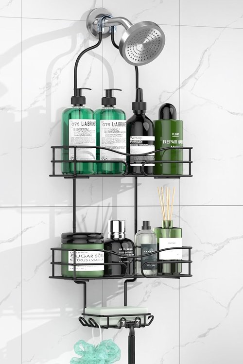 DAOYA Bathroom Shower Caddy - 3-Tier Organizer with Soap Holder & 6 Hooks | Fits 21mm Shower Head Arm, Black