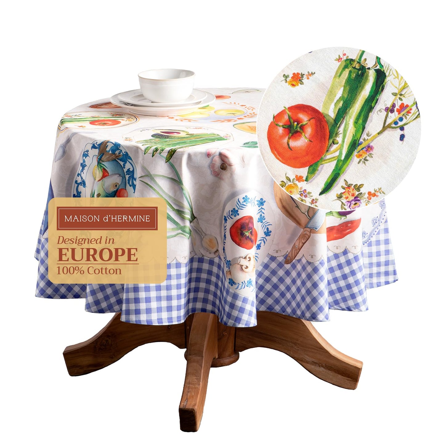 Maison d' Hermine Table Cloth Round Table 100% Cotton 63 Round Inches Tablecloth Reusable Decorative for Dining Kitchen Room Farmhouse Home Gifts for Mothers Day Spring Summer - Gourmand