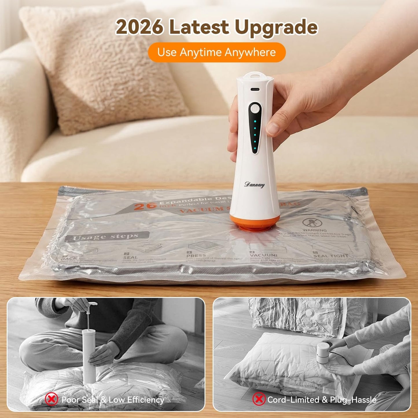 Skiennix Vacuum Storage Bags - 12 Pack Travel Space Saver Bags with Rechargeable Air Pump | Efficient Compression for Clothing & Luggage