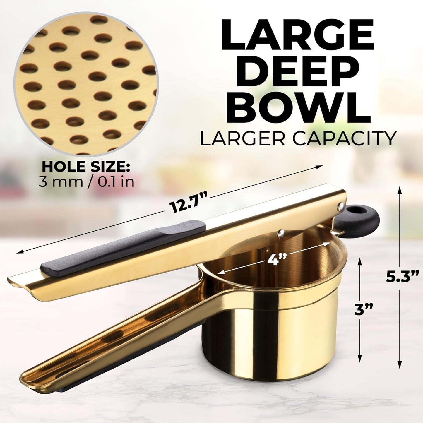 Zulay Kitchen Premium Potato Ricer - Heavy Duty Stainless Steel Masher Tool | 15oz Gold/Black