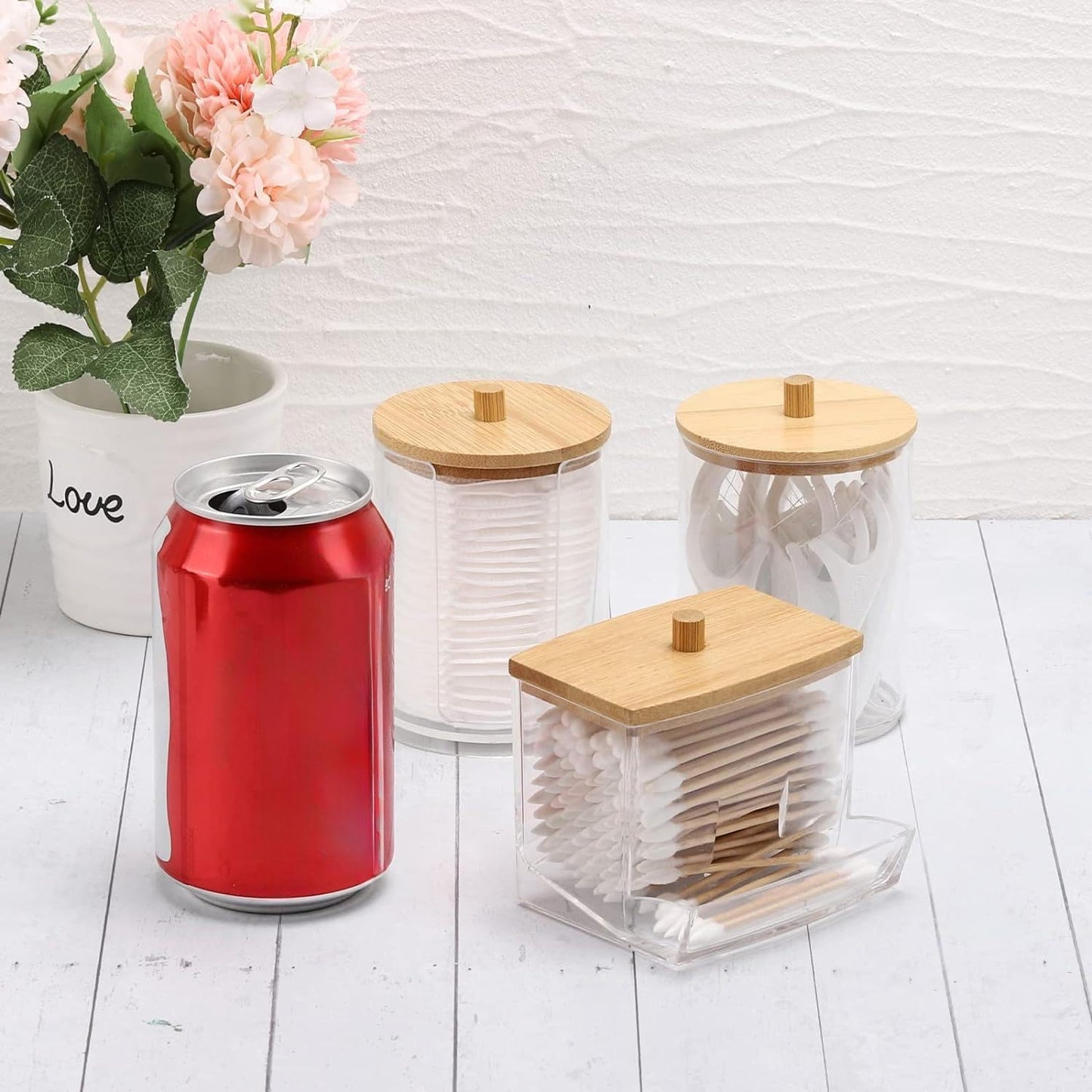 Tbestmax Bathroom Organizer Set | 3-Piece Storage with Bamboo Lids for Cotton Balls & Qtips