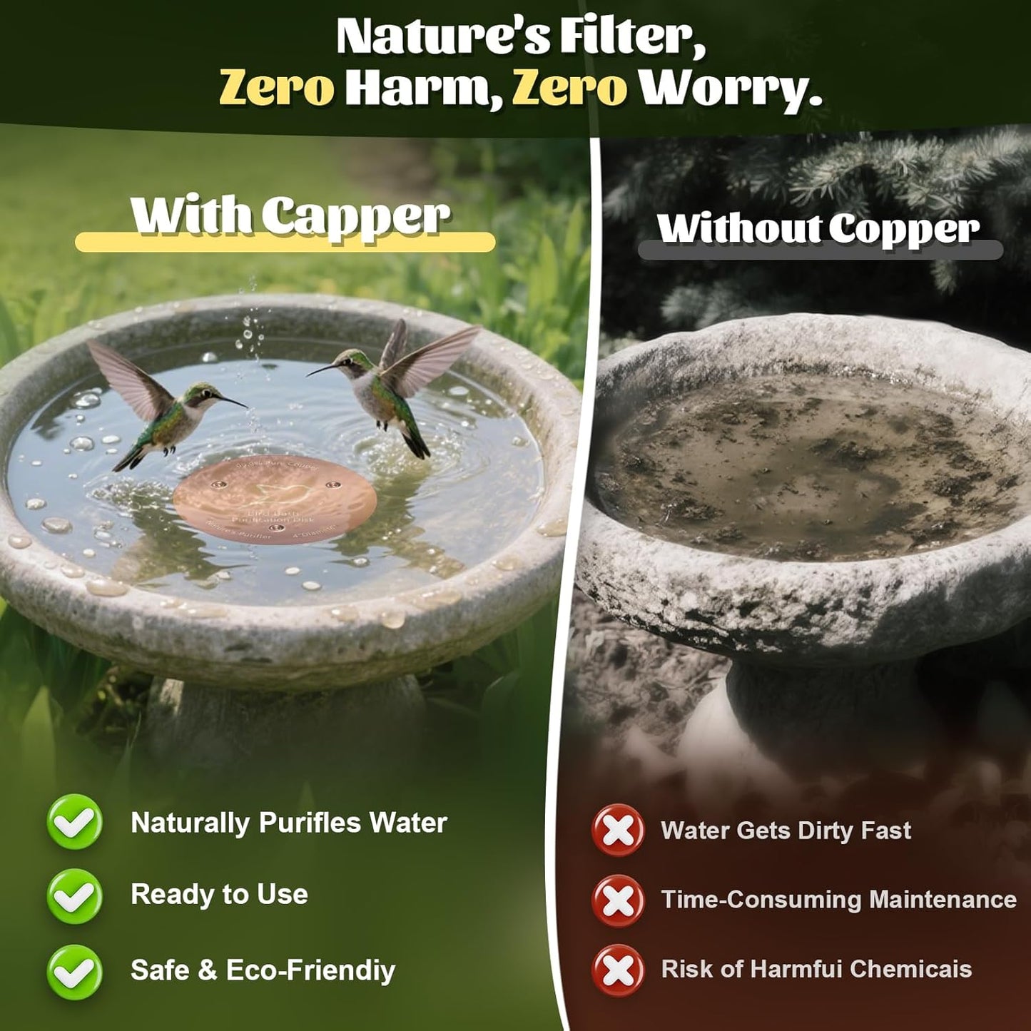 NNG Copper Bird Bath Purification Disk - 0.6mm Thick Reinforced 99.9% Pure Copper | All-Season Outdoor Cleaner