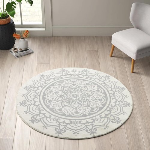 Carvapet 2' Round Area Rug - Chic Boho Mandala Print | Non-Slip, Machine Washable Floor Mat in Ivory Grey