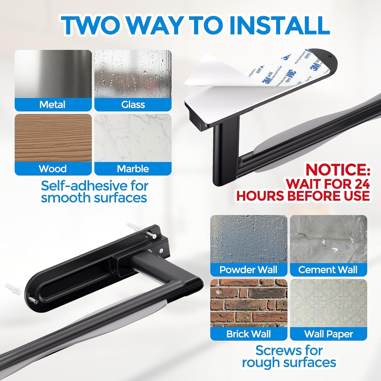 Zaa Paper Towel Holder - Under Cabinet Wall Mount, Self-Adhesive or Drilling, One-Hand Tear, Black Finish