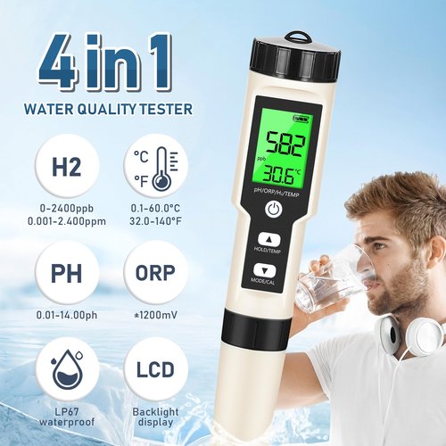 Hydrogen Water Tester 4 in 1 PH,H2,ORP&Temp,pH Meter ORP Meter Hydrogen Tester for Water with ATC & Backlight,Accurate Hydrogen Water ppb/ppm Meter
