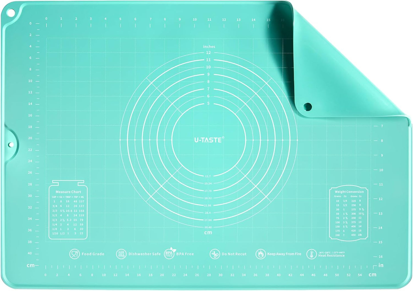 U-Taste Large Pastry Mat - 28"x20" Food-Grade Silicone Baking Sheet with Non-Stick Surface & Clear Measurements (Aqua Sky)