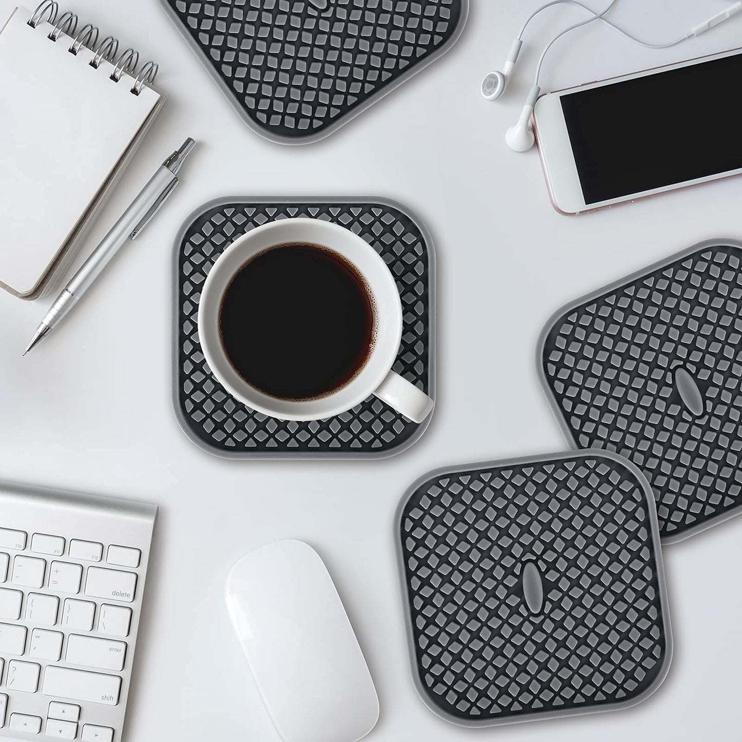 ME.FAN Silicone Coasters with Holder [6 Pack] Square Drink Cup Mat - Non-Slip, Non-stick, Stay Put, Deep Tray - Prevents Furniture and Tabletop Damages Deep Gray