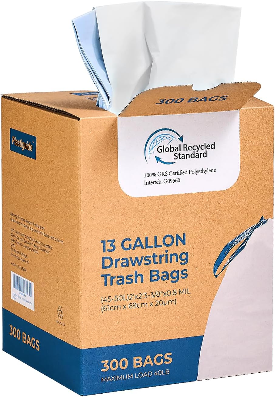 Regine Switzerland Tall Kitchen Drawstring Trash Bags - 300 Count, 13 Gallon, 100% Recycled, Unscented, White